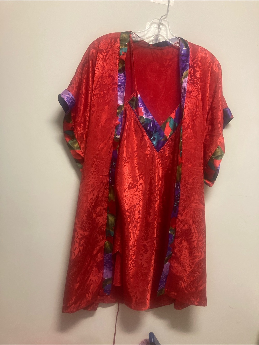 Red Satin V-Neck Camisole Set (matching robe) with Floral Trim
